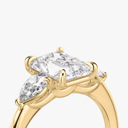 Radiant Cut - Plain Band - Three Stone Ring - 0.25 Ct Side Stone each - 14 K Gold